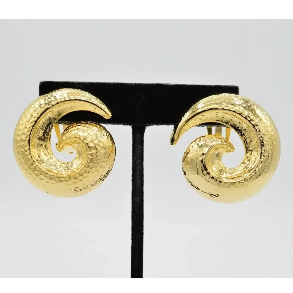 Vintage Clip On Earrings Shiny Brushed Gold Pebbled Swirl Chunky NOS 1980s 9L